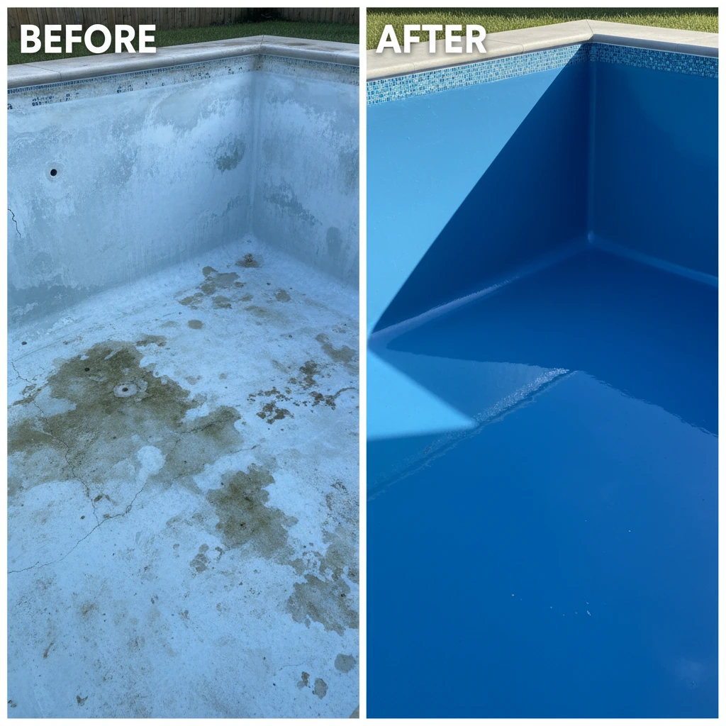 Before and after comparison of freshly painted vs. faded pool surface 1