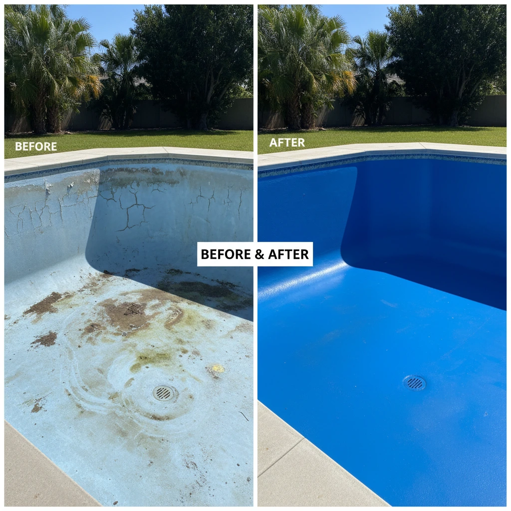 Before and after comparison of freshly painted vs. faded pool surface