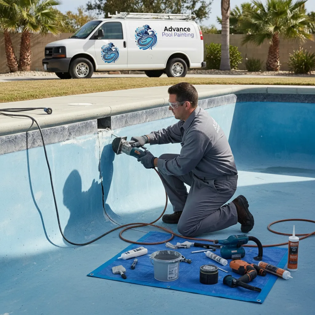 Expert performing pool crack repair with professional equipment