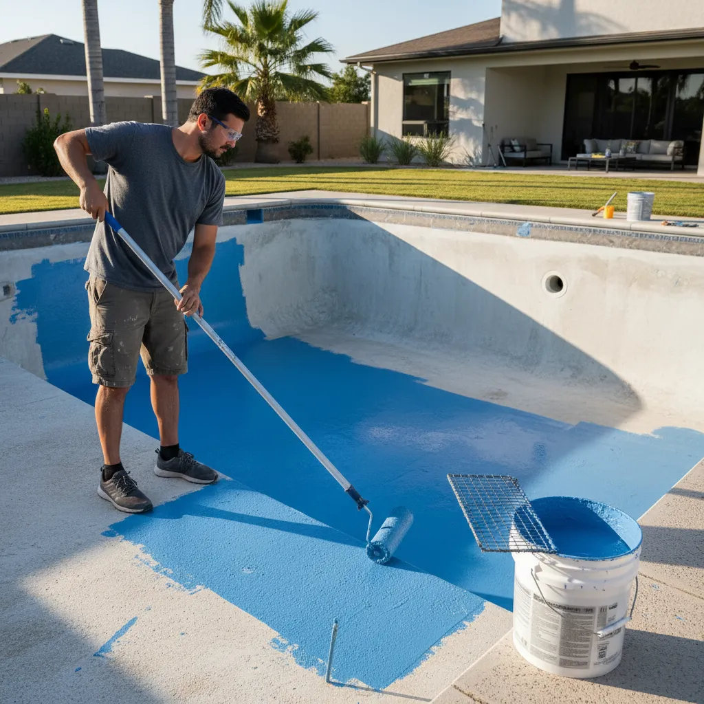 Person applying pool paint with roller on extension pole to pool surface