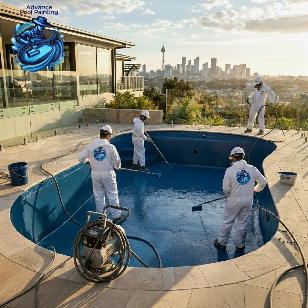 Professional pool painting team working on a Sydney pool with modern equipment and safety gear