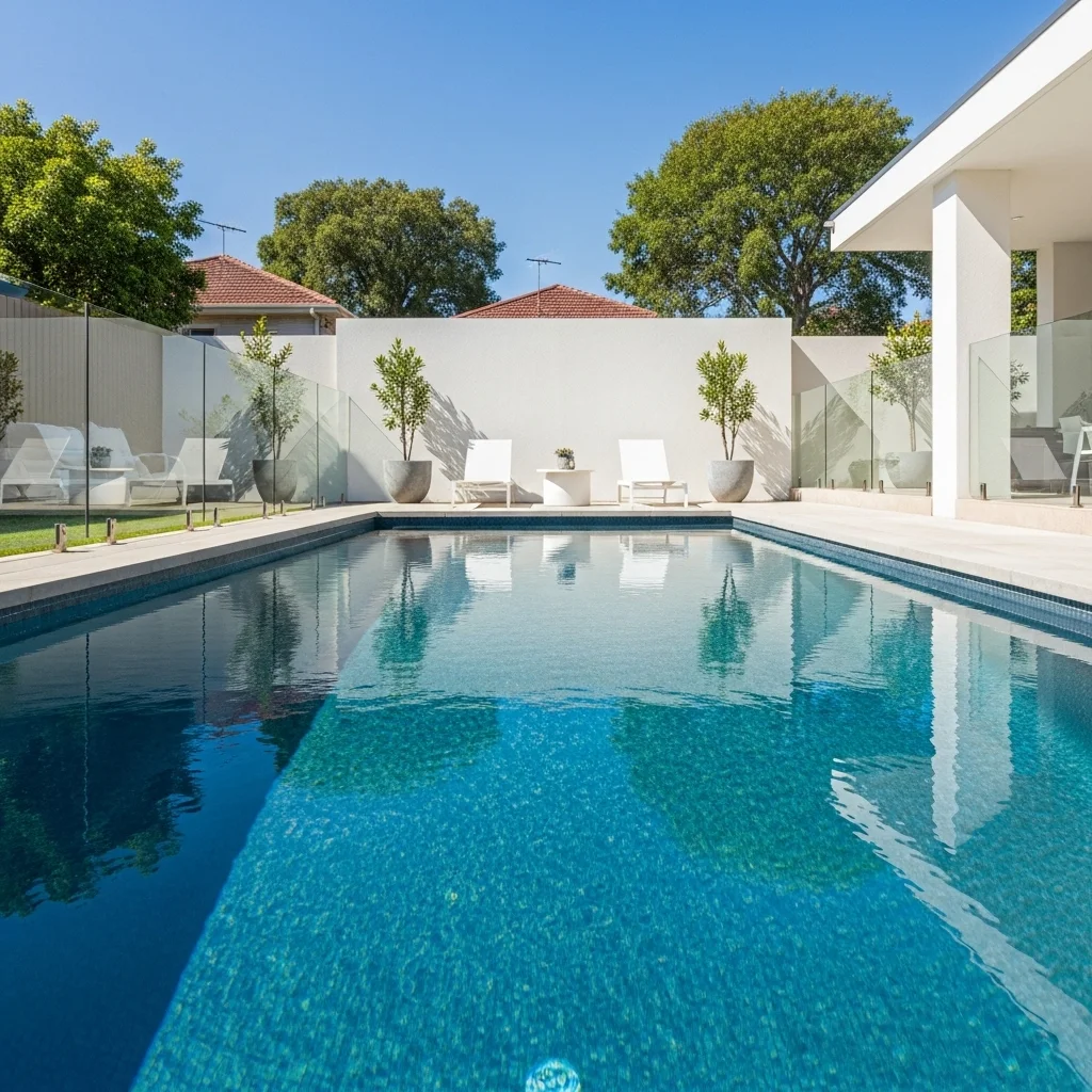 Modern Sydney backyard with sparkling saltwater pool, family enjoying swimming, blue water visible