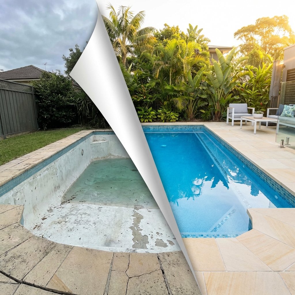 Before and after swimming pool renovation showing transformation from damaged to restored pool in Sydney