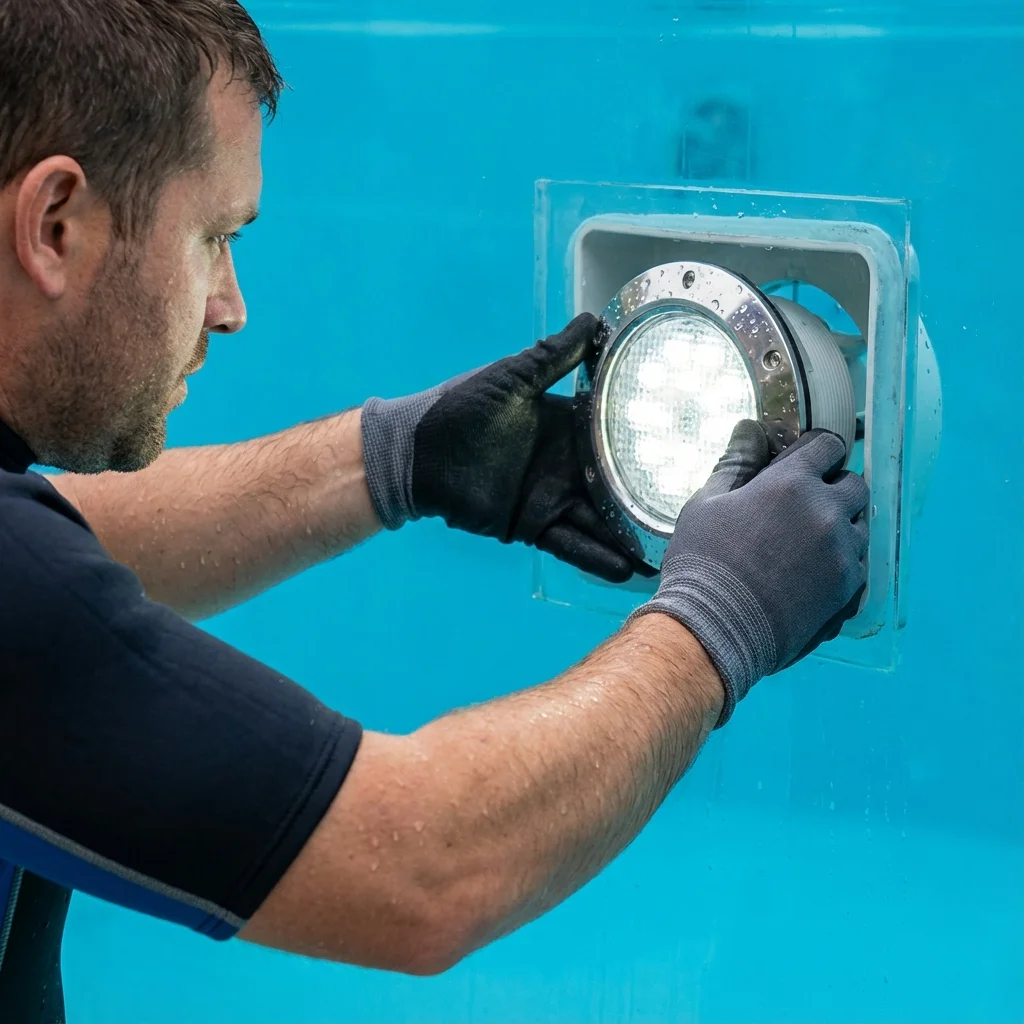 Swimming Pool Lights Underwater Replacement: A Complete Sydney Guide 241 Close up of a pool technician replacing an underwater LED light fixture image