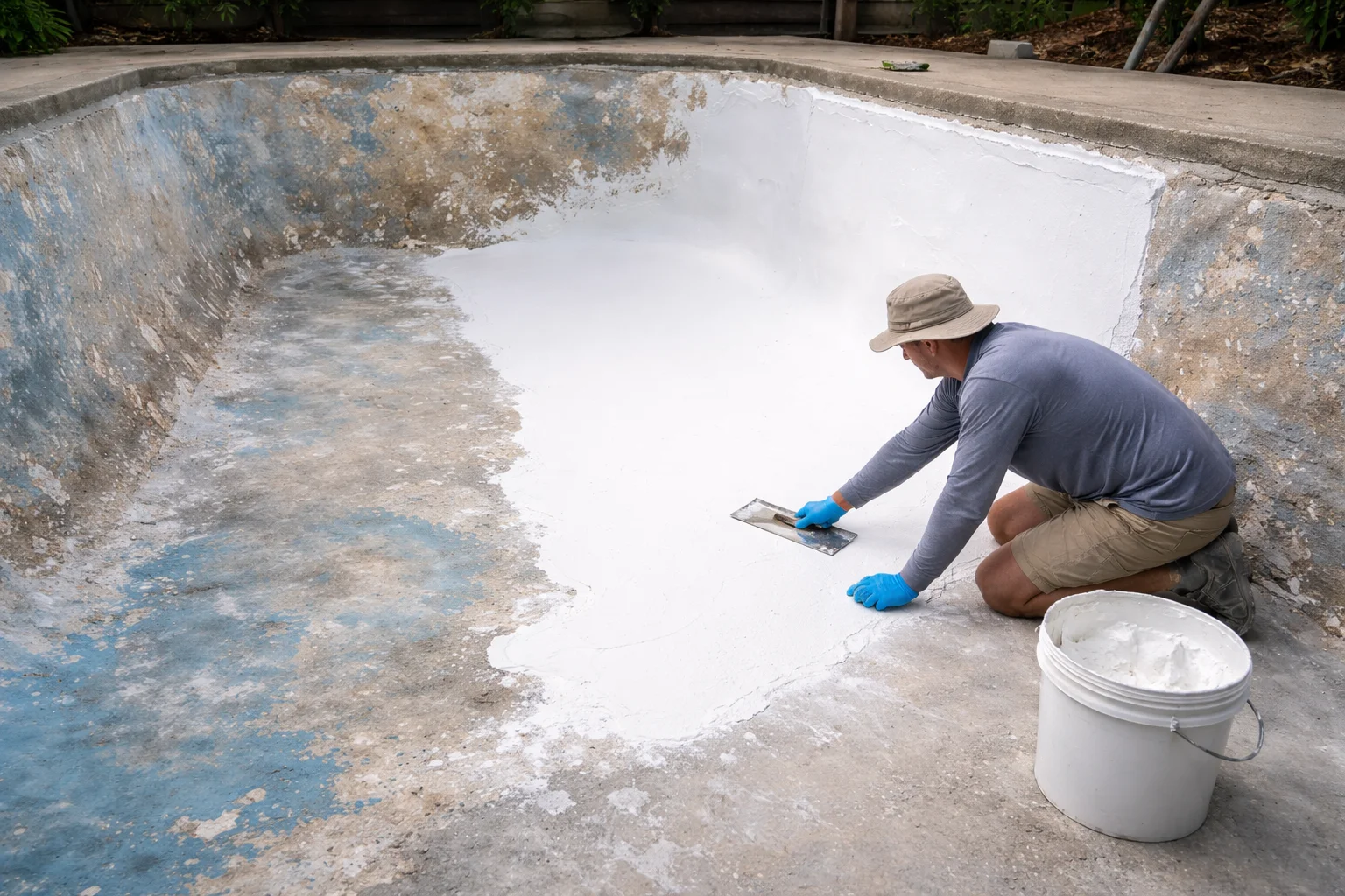 A pool mid-replastering job, with the old surface stripped back and a fresh white plaster coat being applied by a tradesperson in gloves.