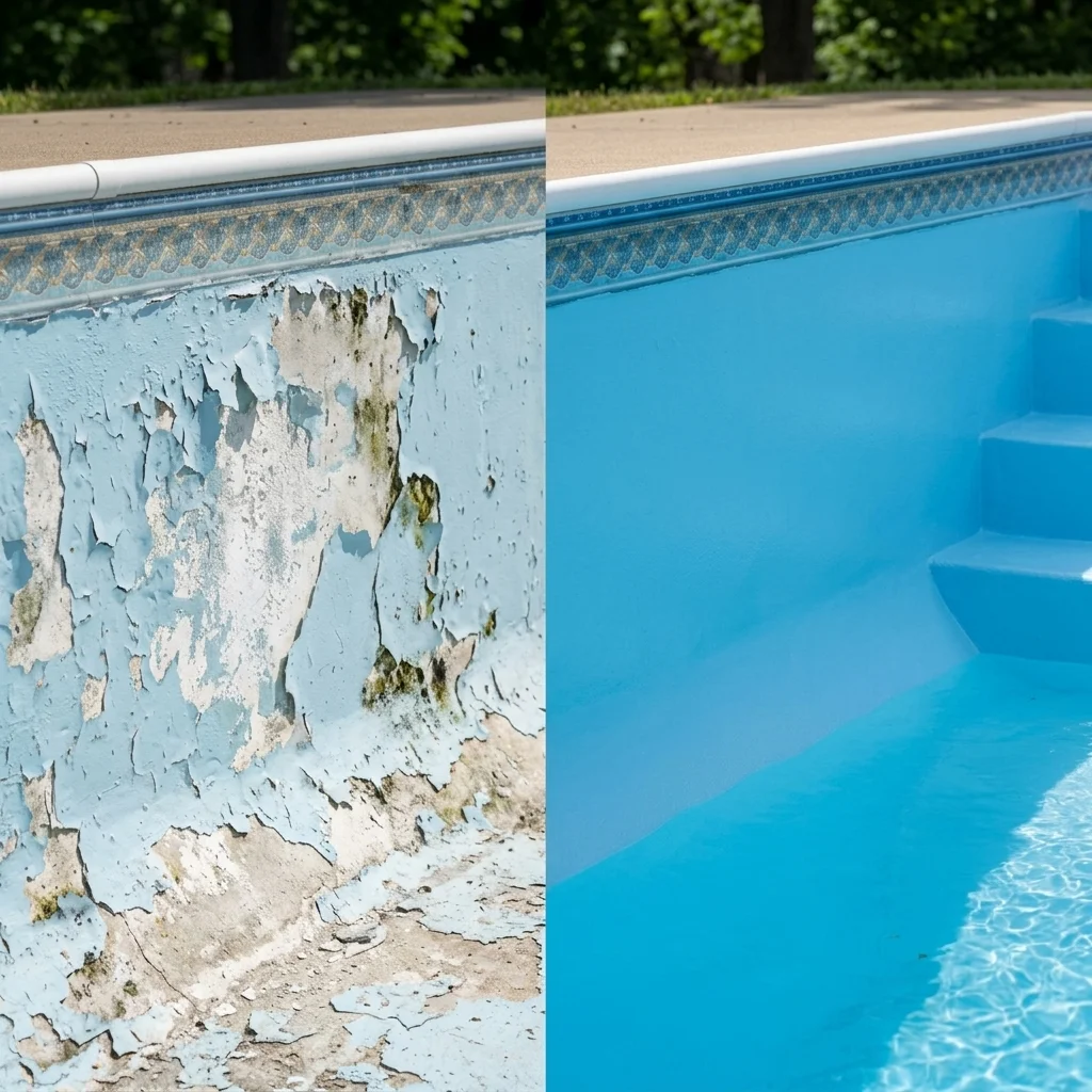 Close-up of pool wall showing peeling and chalky paint alongside a comparison of a freshly repainted smooth surface, before and after style