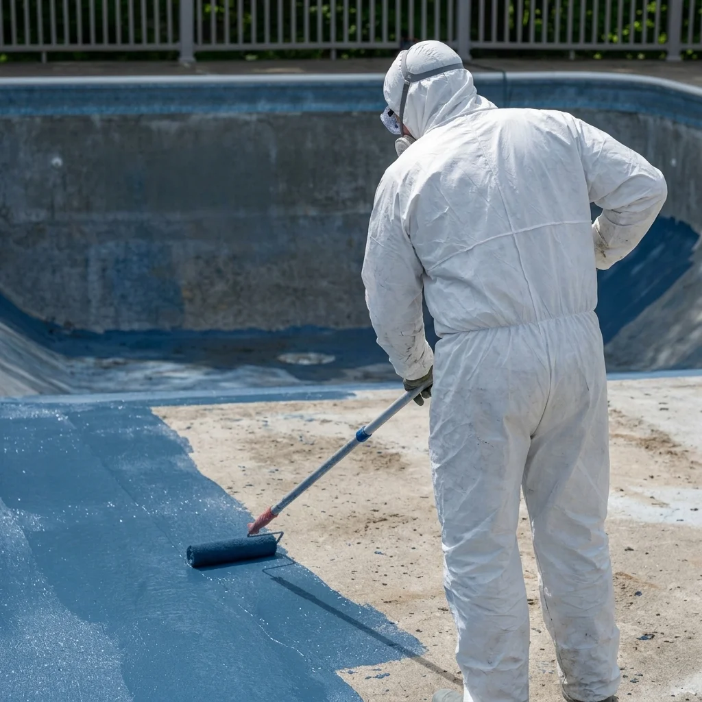 Professional pool technician in protective gear applying pool paint with a roller to a drained concrete pool surface, mid-application