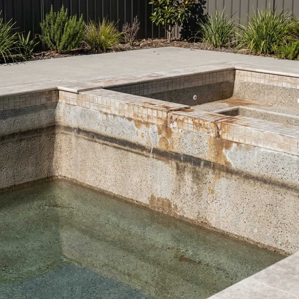 A Sydney backyard concrete pool with a visible waterline drop and slight staining around the shell edge, showing signs of ongoing water loss. Natural daylight