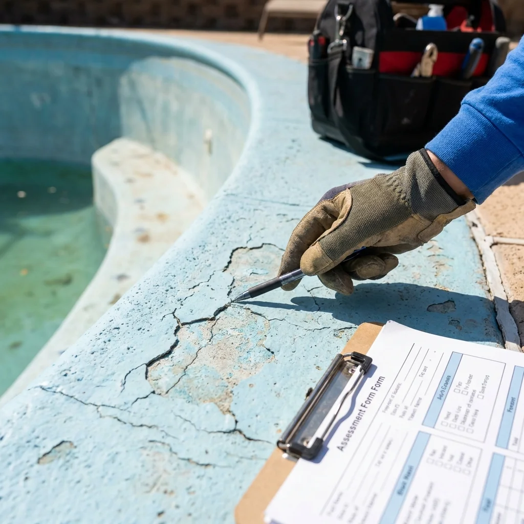 A close-up of a pool surface showing visible cracking and surface deterioration, with a specialist's hand pointing to the damage during a condition assessment