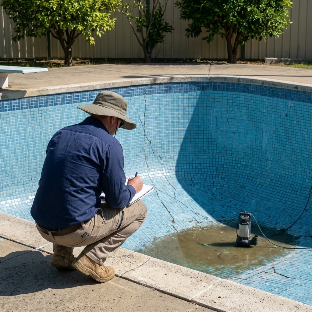 A pool renovation specialist crouching at the edge of a drained Sydney backyard pool, carefully examining the surface condition and noting observations