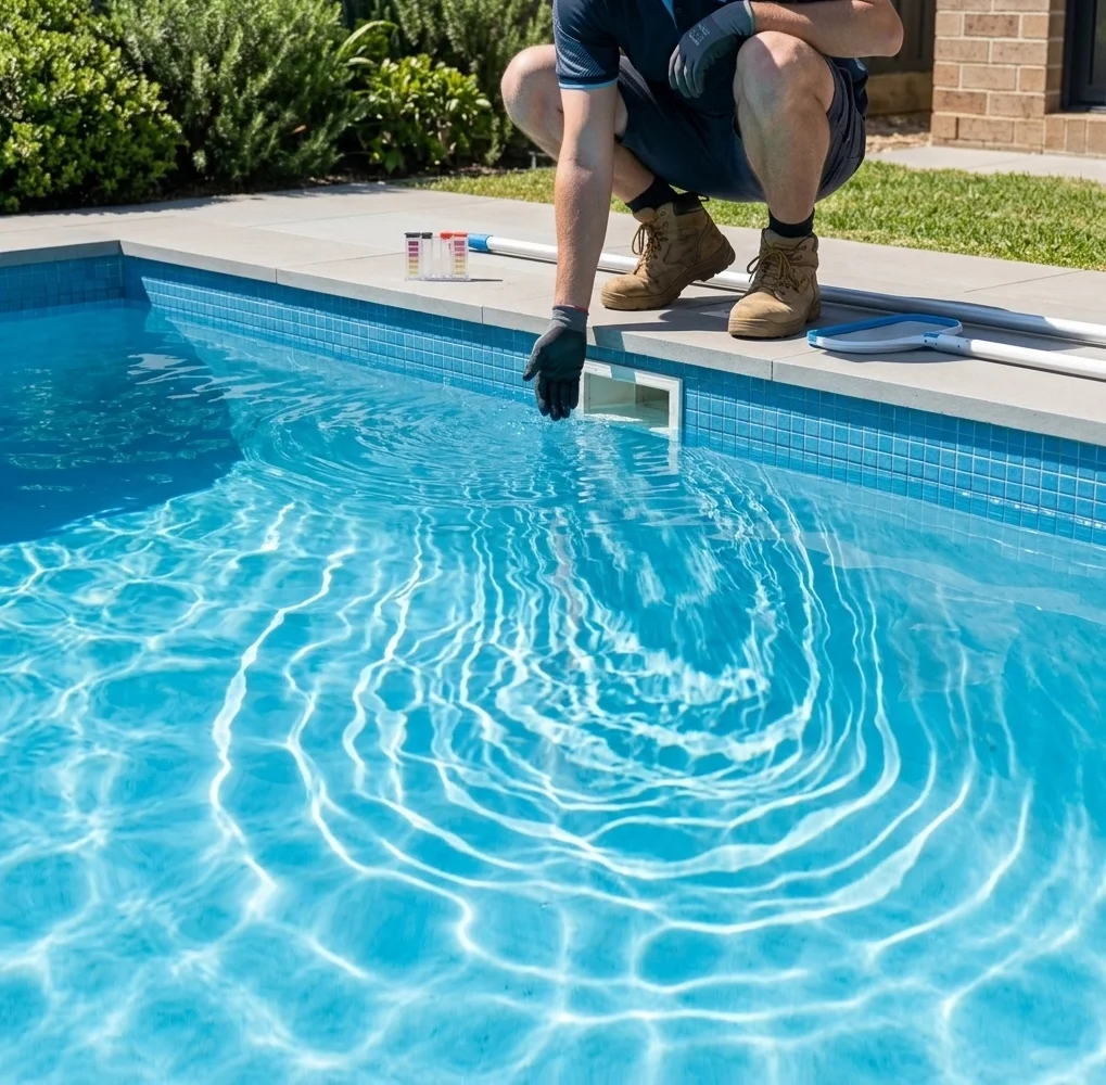 A pool technician using a dye test syringe near a skimmer box in a Sydney backyard pool, checking for water movement. Clear blue pool water visible.