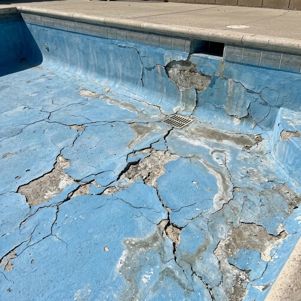 Cracked and deteriorating pool render surface needing re-rendering in Sydney